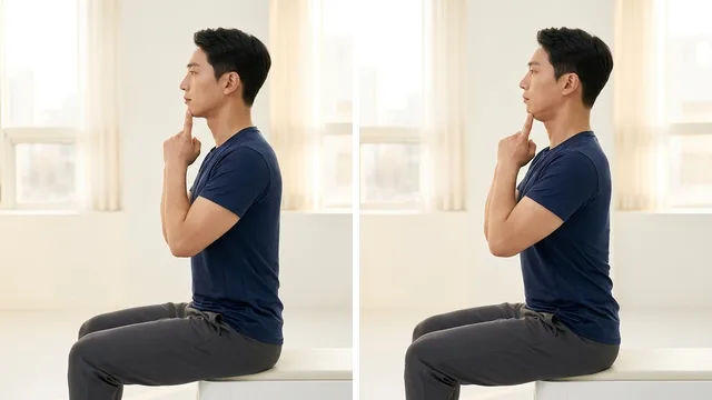 친턱 2단계 연속 동작 (좌: 턱 끝 터치 준비 / 우: 수평 후방 푸시 경추 정렬)