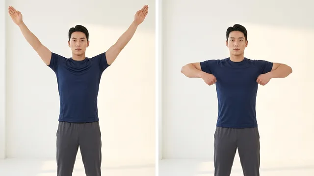 흉추 오픈 2단계 연속 동작 (좌: Y-레이즈 개방 준비 / 우: W-풀다운 견갑골 조이기)