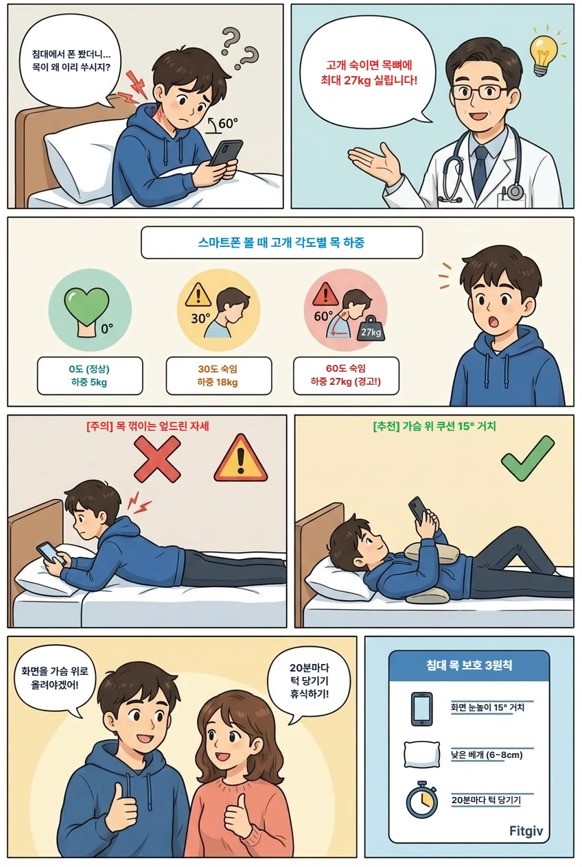 침대에서 스마트폰 볼 때 목 디스크를 막는 자세